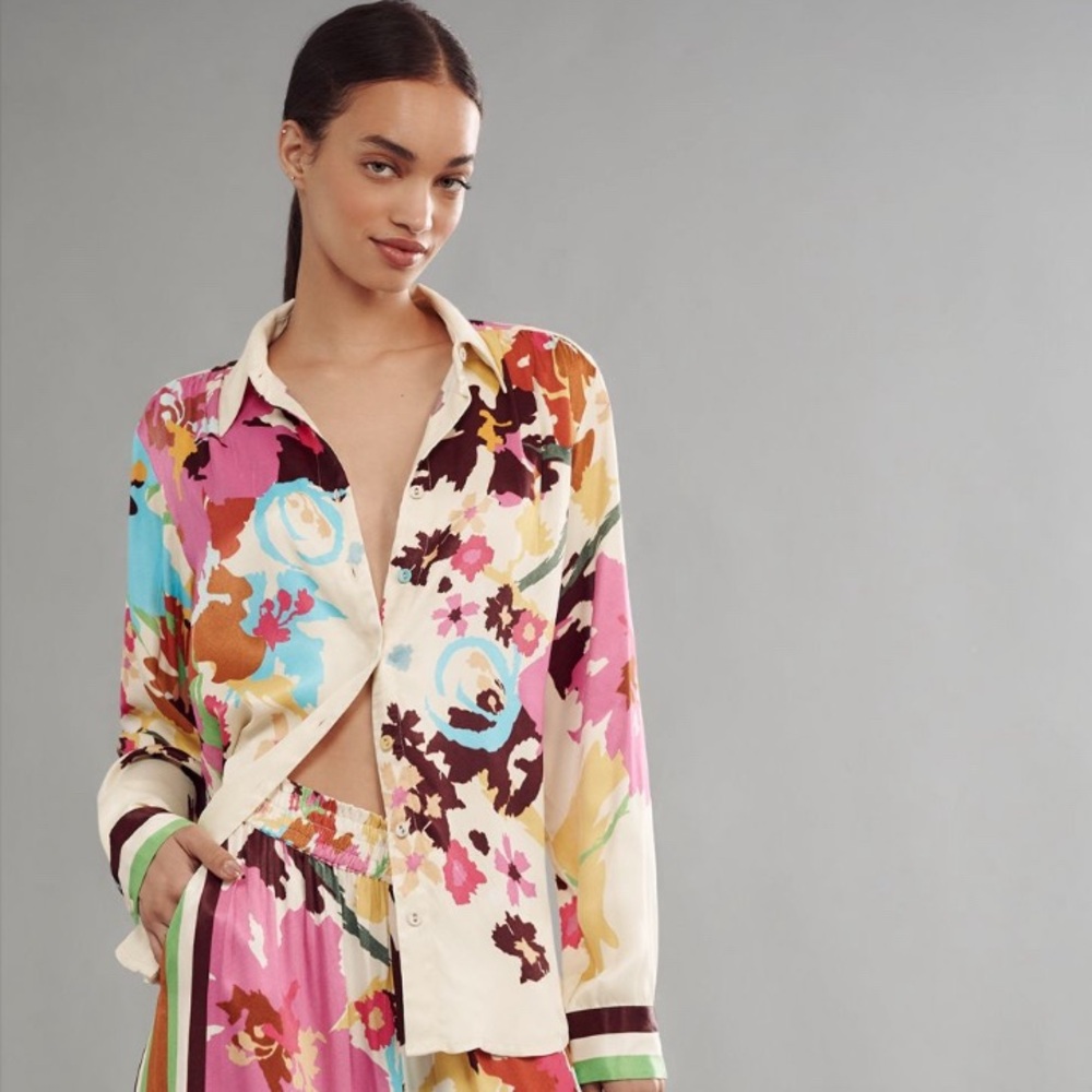 Anthropologie Floral Print Button-Down Blouse Viscose